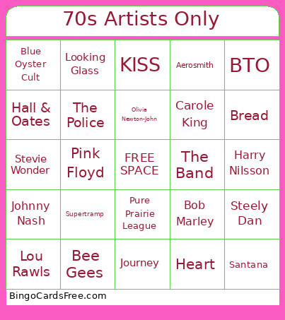 1970s Artists Only Bingo Card