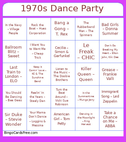 1970s Dance Party Bingo Card