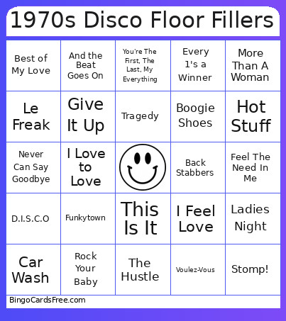 1970s Disco Floor Fillers Bingo Card