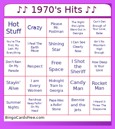 ♪♪ 1970's Hits ♪♪ Bingo Card