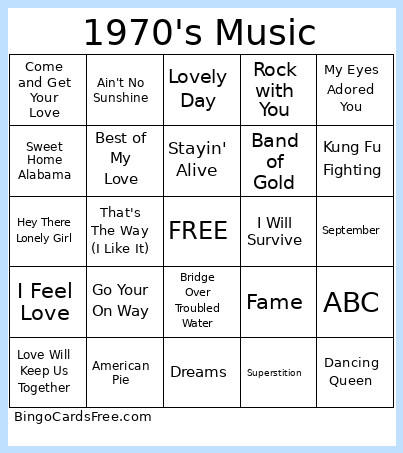 1970's Music Bingo Card