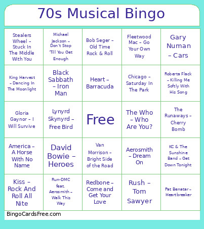 1970s Musical Bingo Card