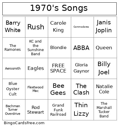 1970's Songs Bingo Card
