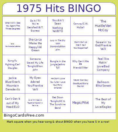 1975 Hits Bingo Card