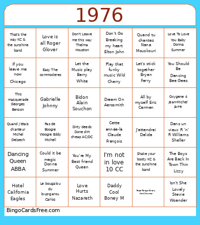 1976 Songs Bingo Card