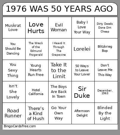 1976 WAS 50 YEARS AGO Bingo Card