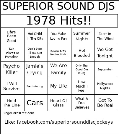 1978 Hits !! Bingo Card