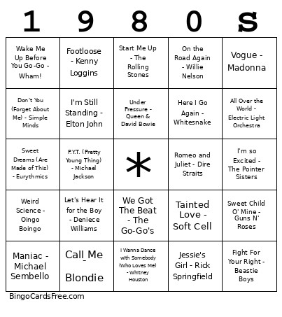 1980s Bingo Card