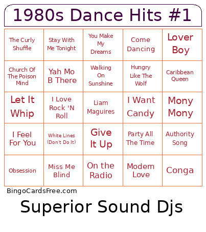 1980s Dance Hits #1 Bingo Card