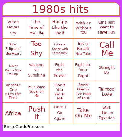 1980s Hits - Bingo Card