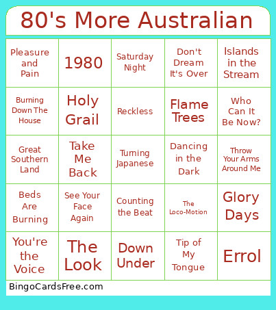 1980s More Australian Bingo Card