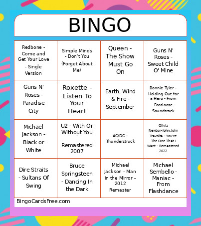 1980's Music Bingo Card