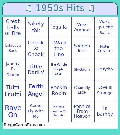 1980's Music Bingo Card