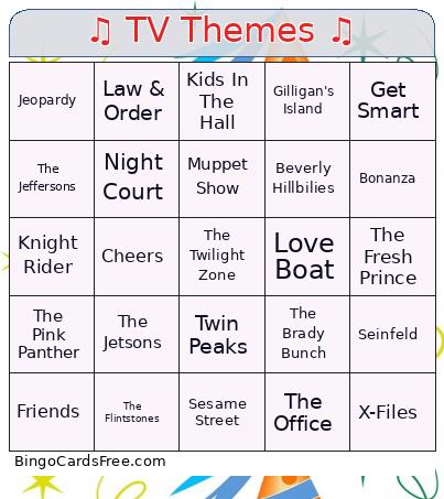 1980's Music Bingo Cards Free Pdf Printable Game, Title: ♫ TV Themes ♫