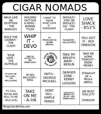 1980s Music Bingo Card