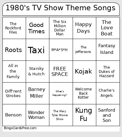1980's TV Show Theme Songs Bingo Card