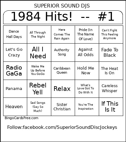 1984 Hits! -- #1 Bingo Card
