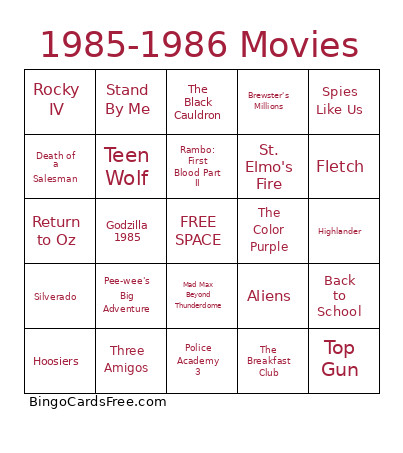 1985-1986 Movie Bingo Card