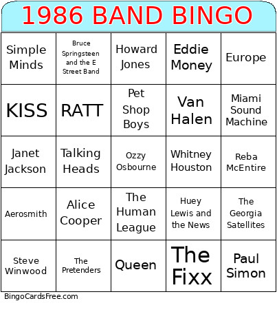1986 THS BAND Bingo Card