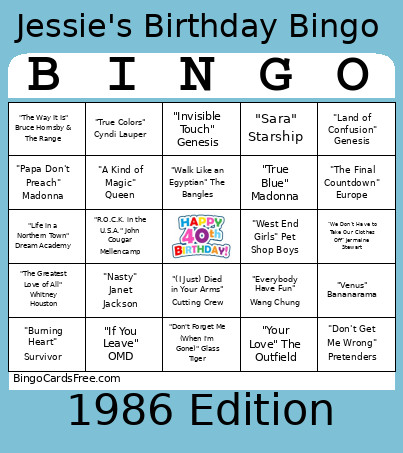 1986JBB Bingo Card