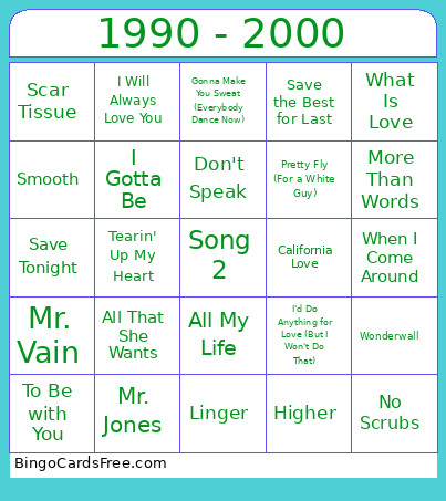 1990 - 2000 Bingo Card
