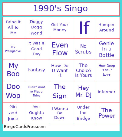 1990's Singo Bingo Card