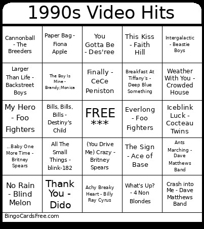 1990s Video Hits Bingo Card