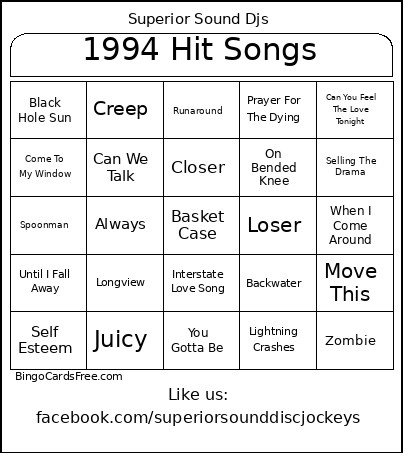 1994 Hit Songs Bingo Card
