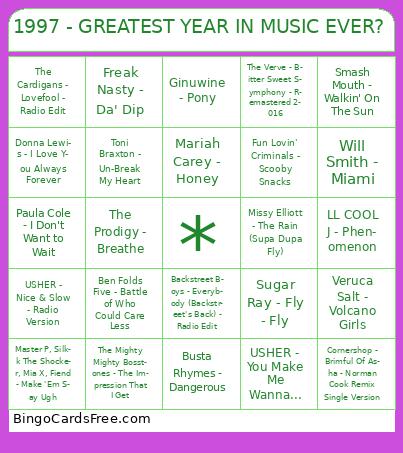 97 bbbb Bingo Cards Free Pdf Printable Game, Title: 1997 - GREATEST YEAR IN MUSIC EVER?