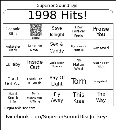 1998 Hits! Bingo Card