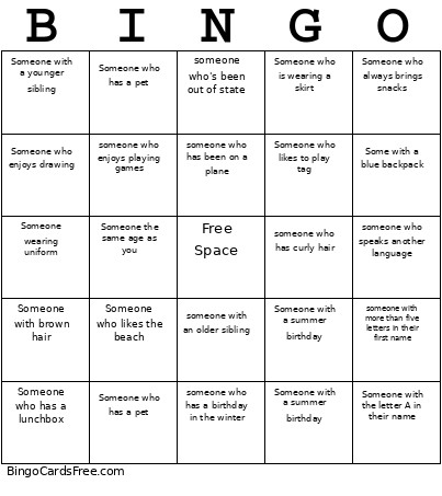 1st Day Bingo Card