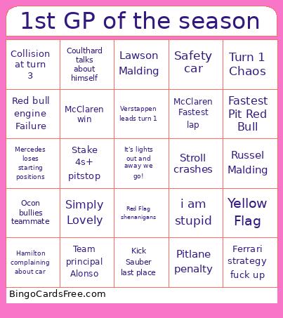 1st GP Of The Season Bingo Card