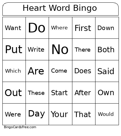 1st Grade Heart Word Bingo Card