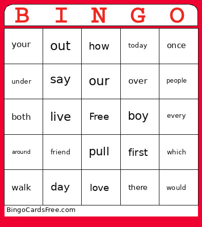 1st Grade Red Word Bing Bingo Card
