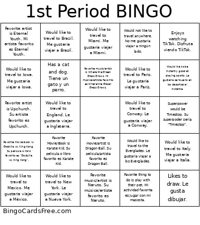 1st Period Bingo Card