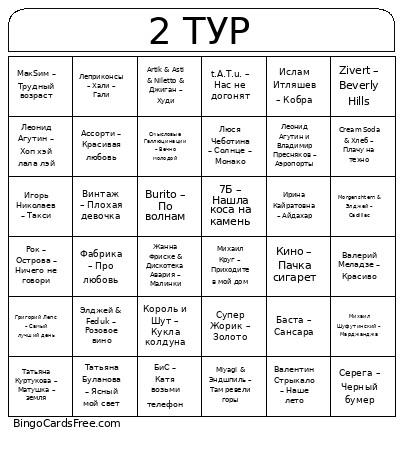 2 тур Bingo Card