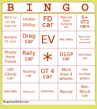 20 Car Garage Bingo Card
