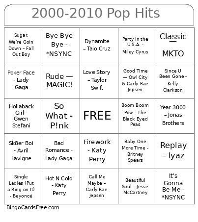 2000-2010 Pop Hits Bingo Card