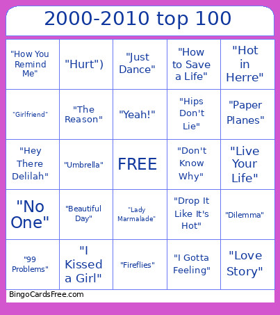 2000-2010 Top 100 Bingo Card