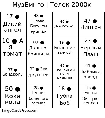 МузБинго | Телек 2000х Bingo Card