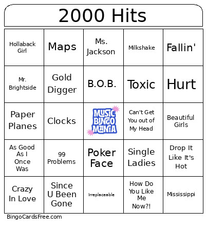 2000 Hits Bingo Card