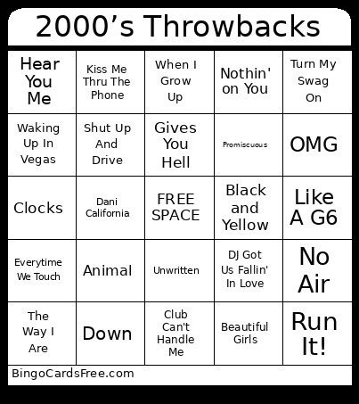 2000’s Throwbacks Bingo Card