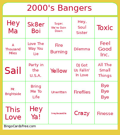 2000's Bangers Bingo Card