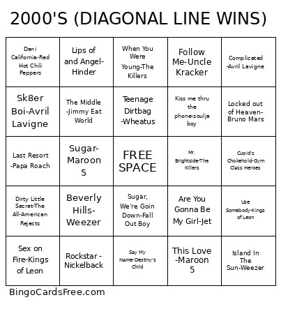 2000'S (DIAGONAL LINE WINS) Bingo Card