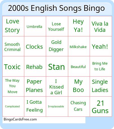 2000s English Songs Bingo Cards Free Pdf Printable Game, Title: 2000s English Songs Bingo