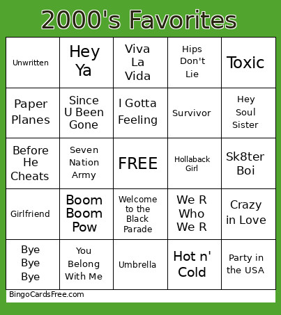 2000's Favorites Bingo Card