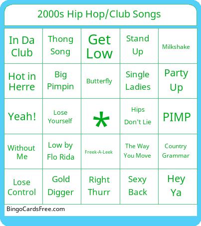 2000s Hip/Hop Club Songs Bingo Cards Free Pdf Printable Game, Title: 2000s Hip Hop/Club Songs