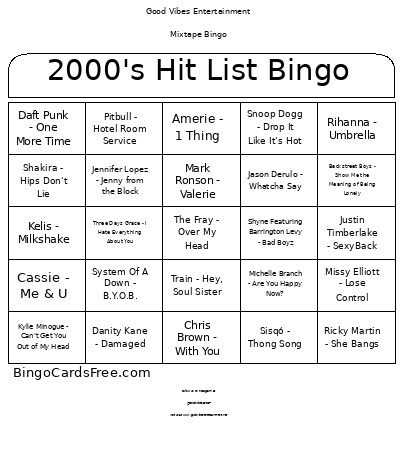2000's Hit List Bingo Card