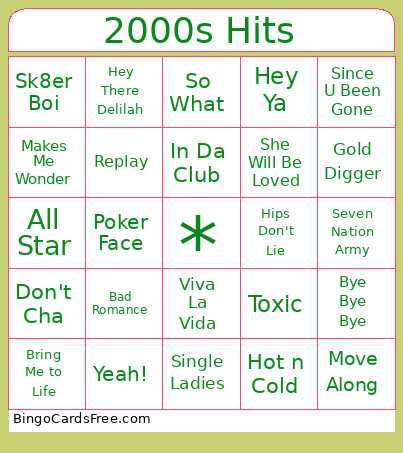 2000s Hits Bingo Card