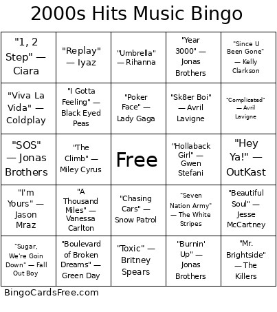 2000s Hits Music Bingo Card